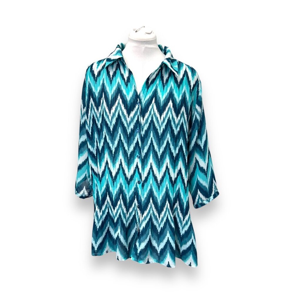 Only Necessities Womens L gauzy Pleated Oversized Blue Zigzag Pattern Shirt